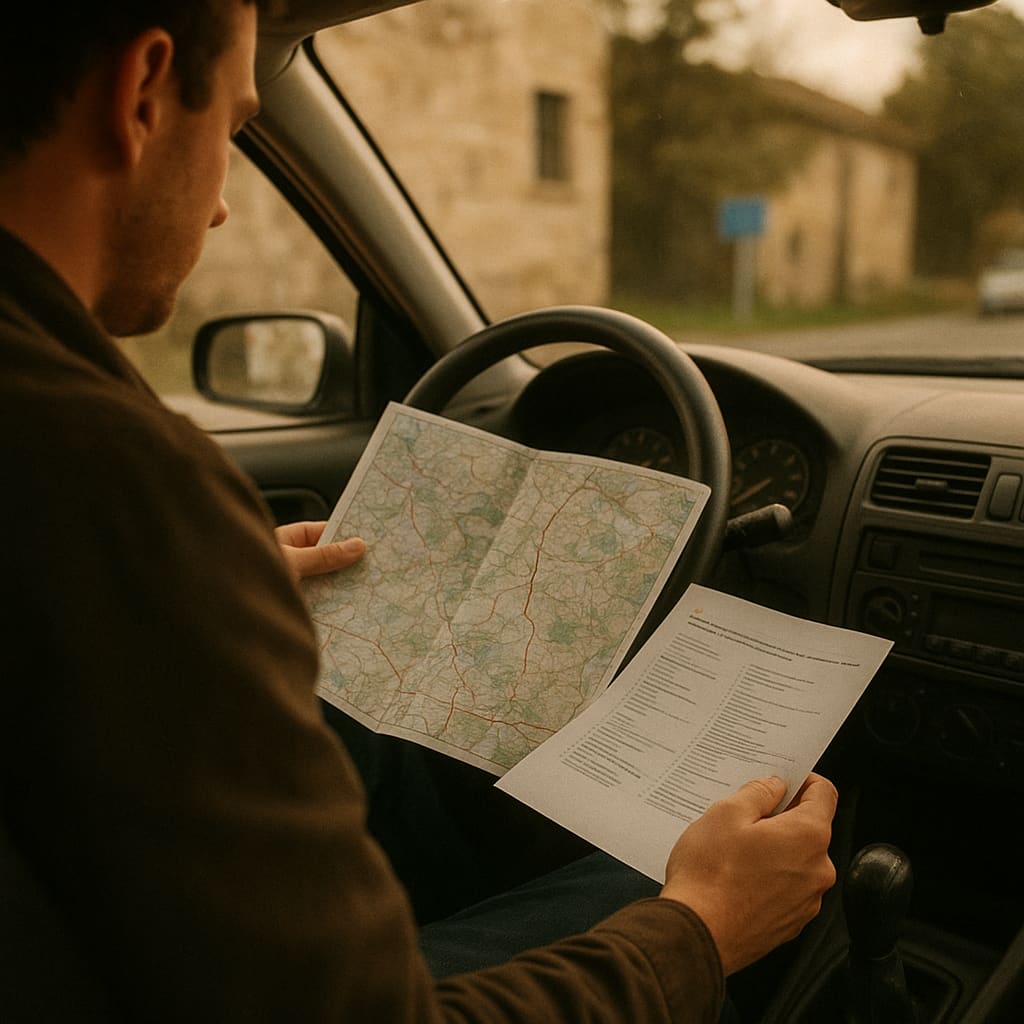 Fahrer prüft Reisedokumente und Routeninformationen im geparkten Fahrzeug